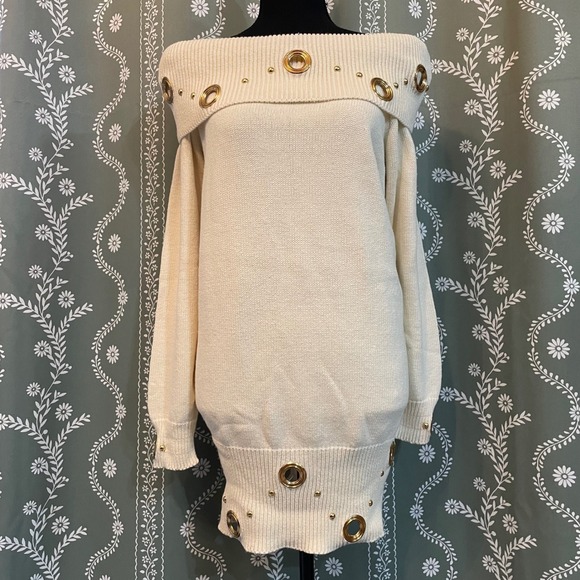Vintage Suzy T White Sweater Dress Gold Grommet NWT Deadstock Y2K USA Made Large - Picture 3 of 13